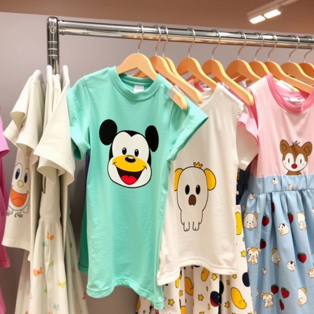 Cute cartoon character printed kids’ t-shirts and dresses on a rack