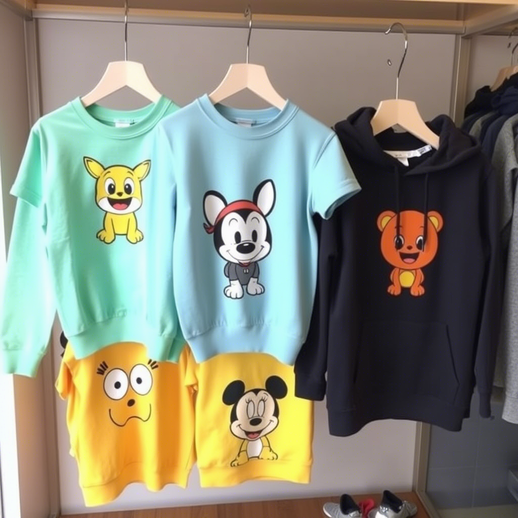 Cute cartoon character printed kids’ t-shirts and hoodies display