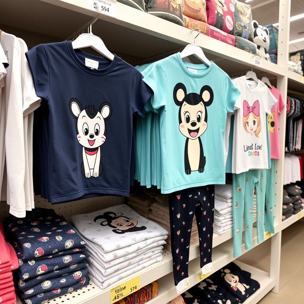Cute cartoon character printed kids’ t-shirts and leggings on a wholesale shelf