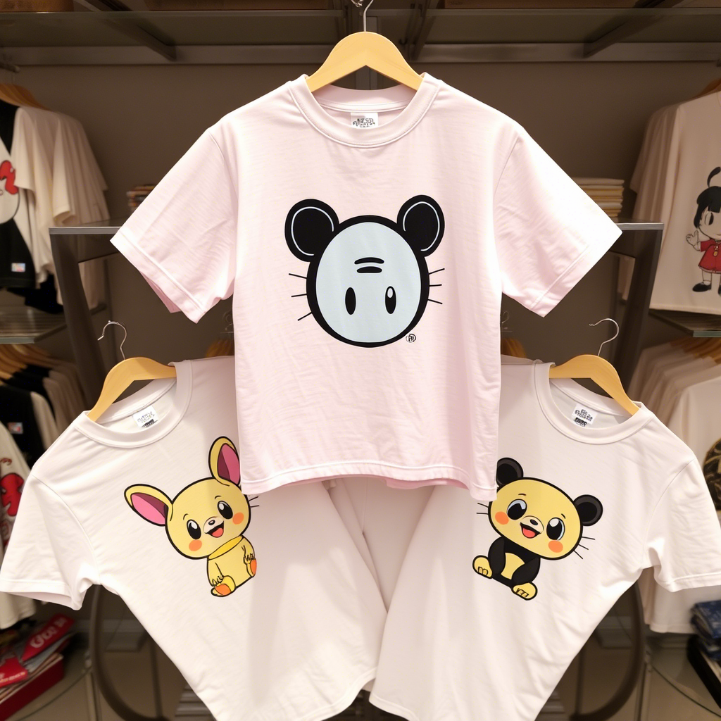 Cute cartoon character printed kids’ t-shirts displayed