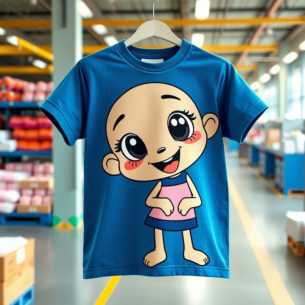 Cute cartoon character printed on a kid’s t-shirt in a wholesale clothing factory