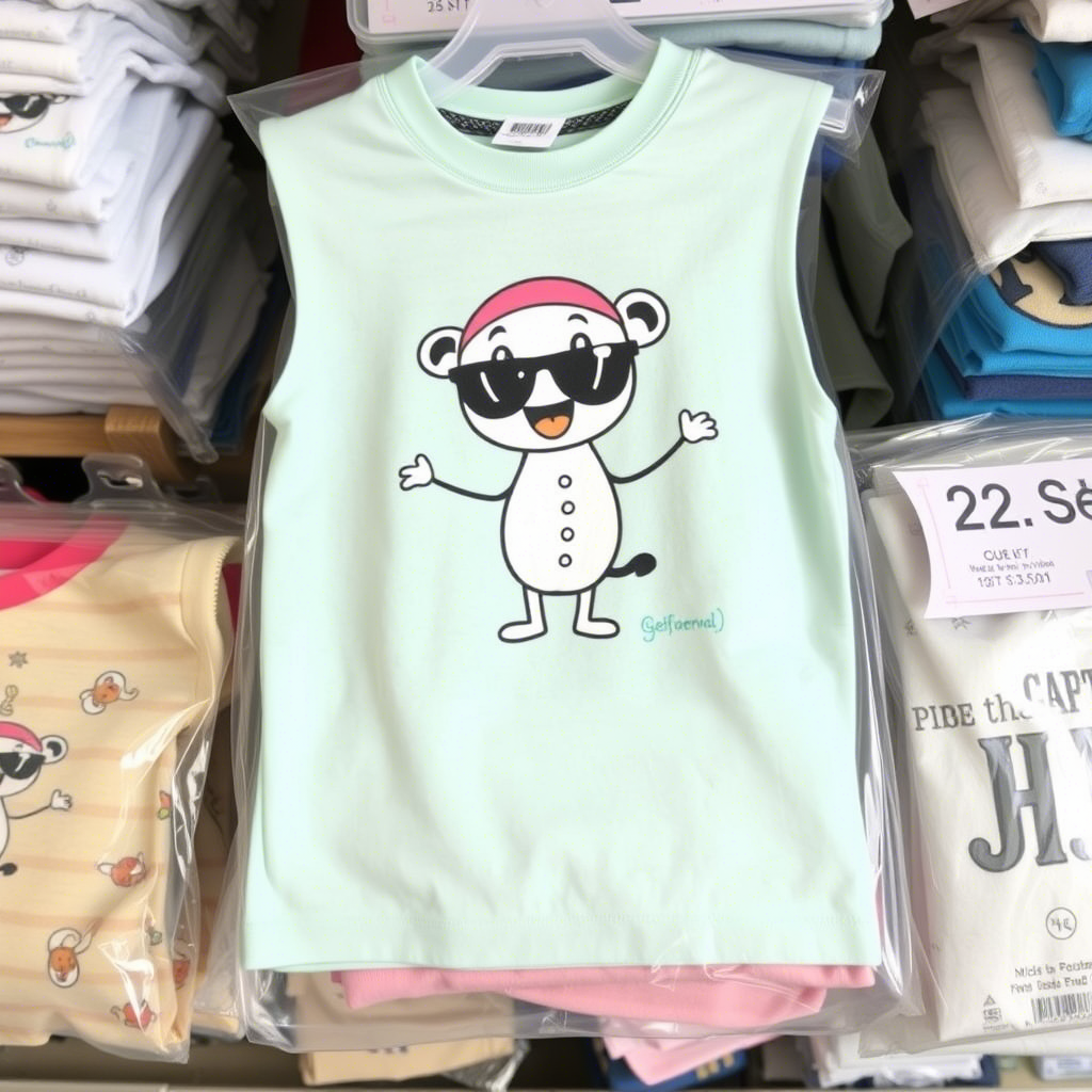 Cute cartoon character printed on kids’ apparel in bulk packaging