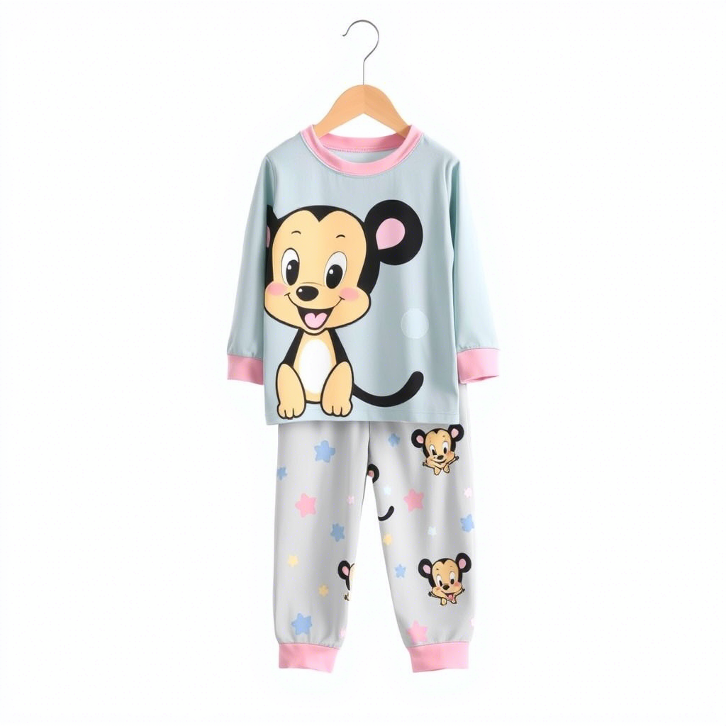 Cute cartoon character printed on kids’ pajamas with colorful background