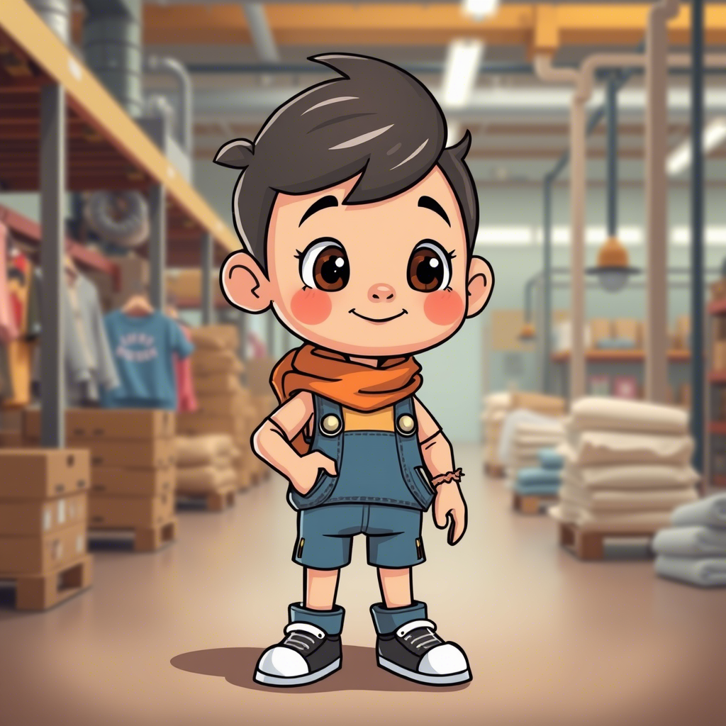Cute cartoon character wearing kids clothing in a factory setting
