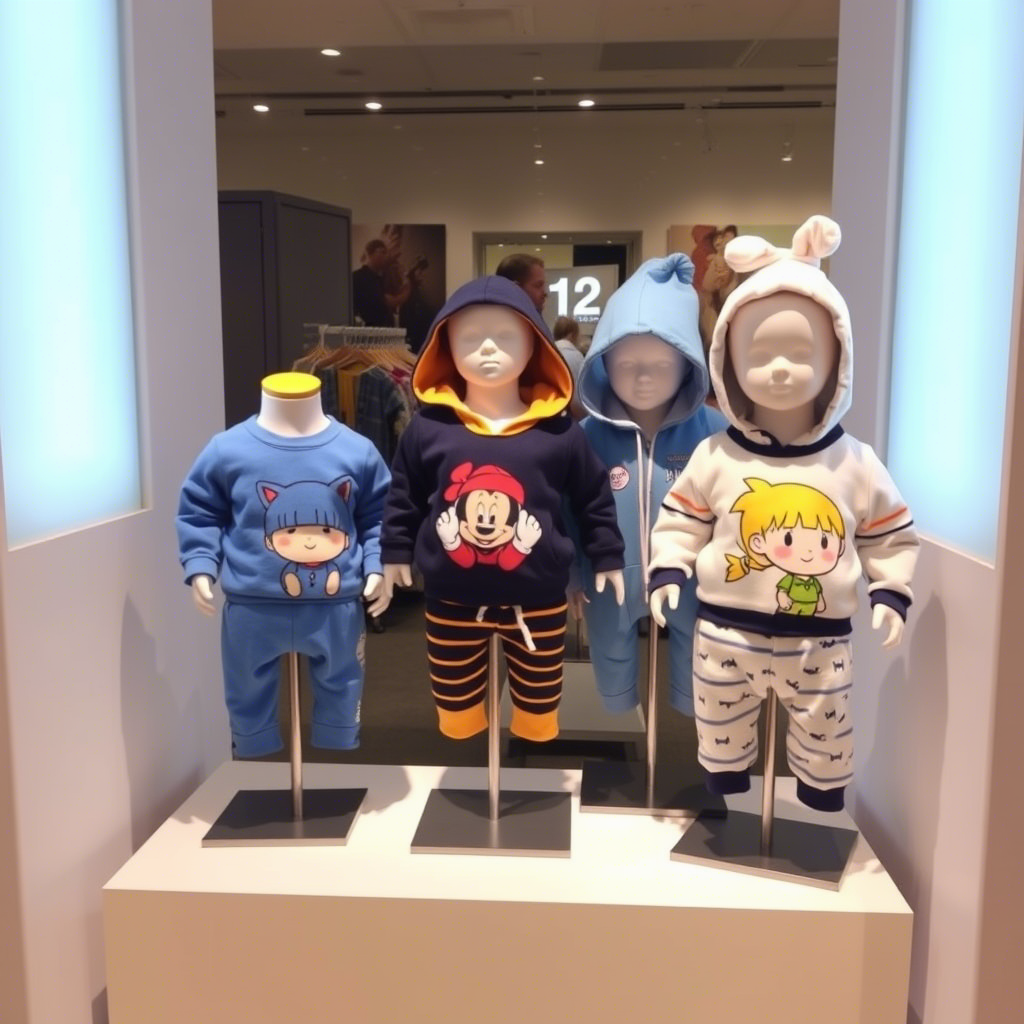 Cute cartoon characters on baby clothes displayed on mannequins