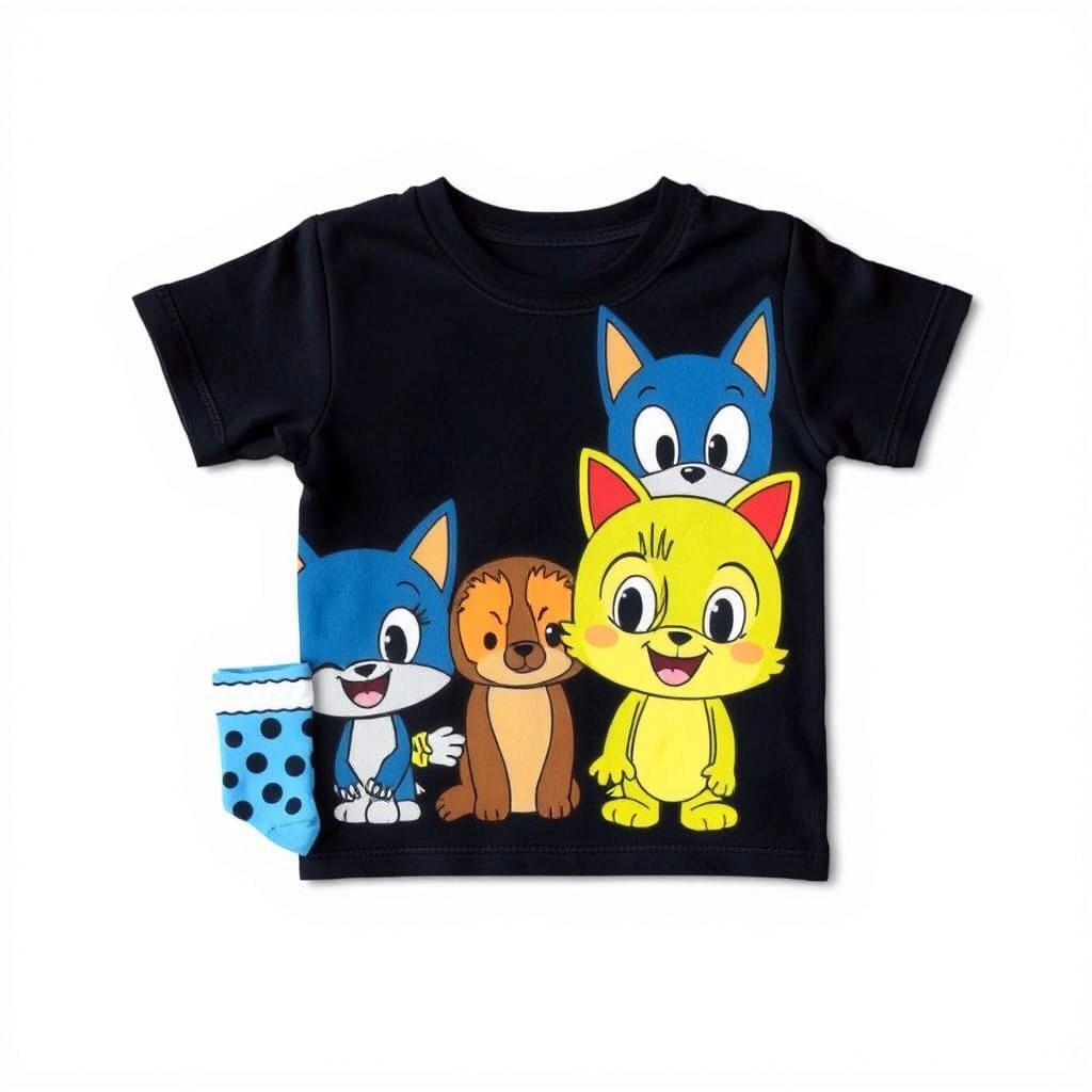 Cute cartoon characters on children’s t-shirts and socks