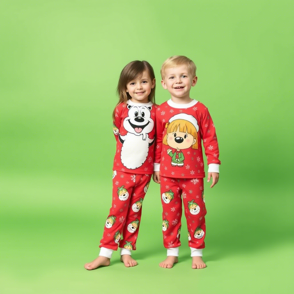 Cute cartoon characters on festive red Christmas pajamas for kids