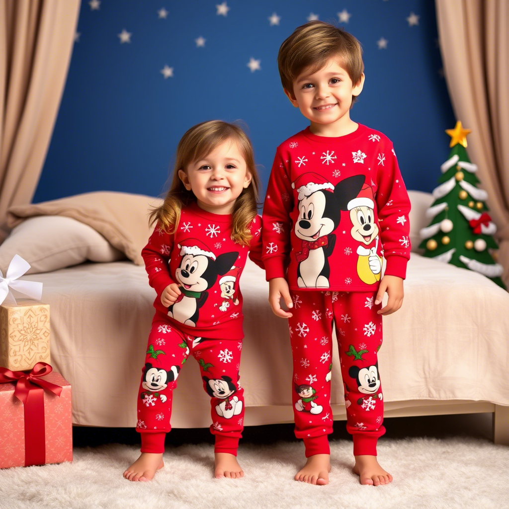 Cute cartoon characters on festive red Christmas PJs for kids