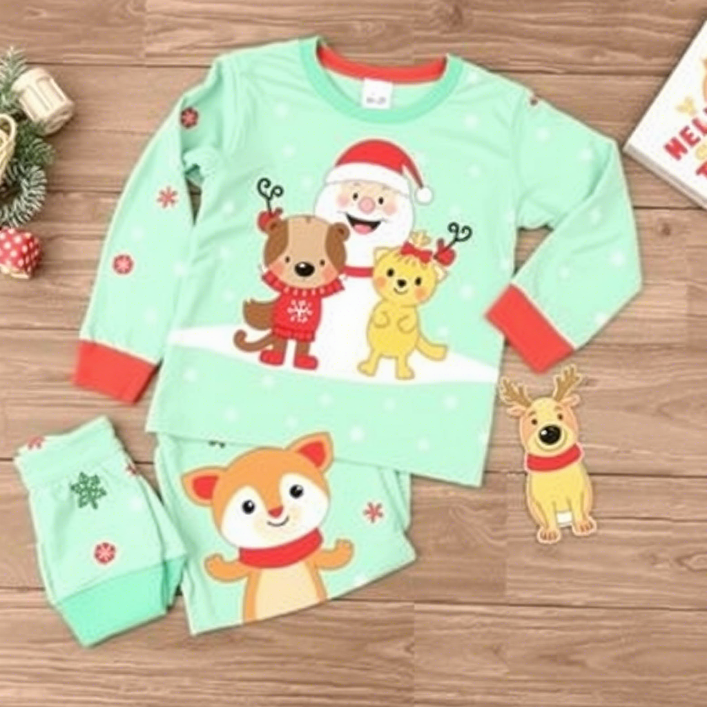 Cute cartoon characters on kids’ Christmas pajamas for wholesale