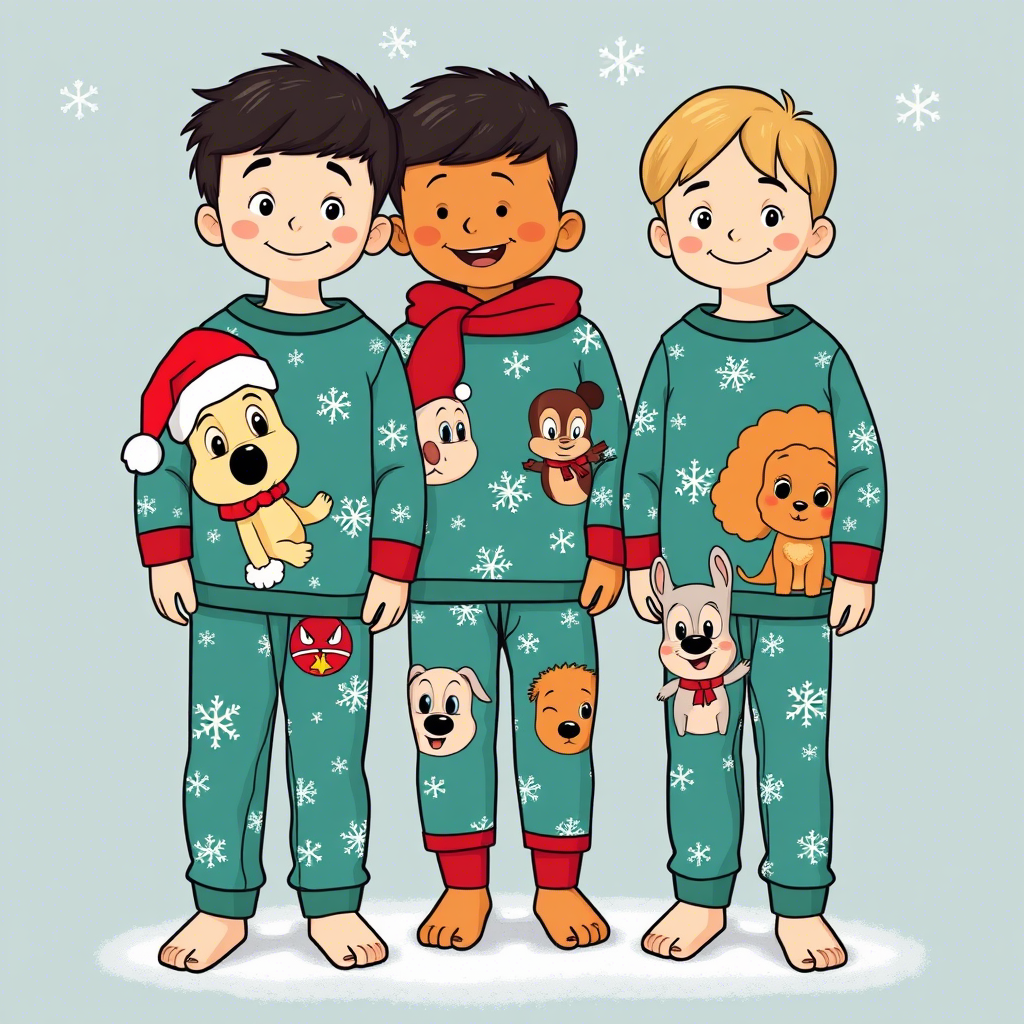 Cute cartoon characters on kids’ Christmas pajamas with snowflakes