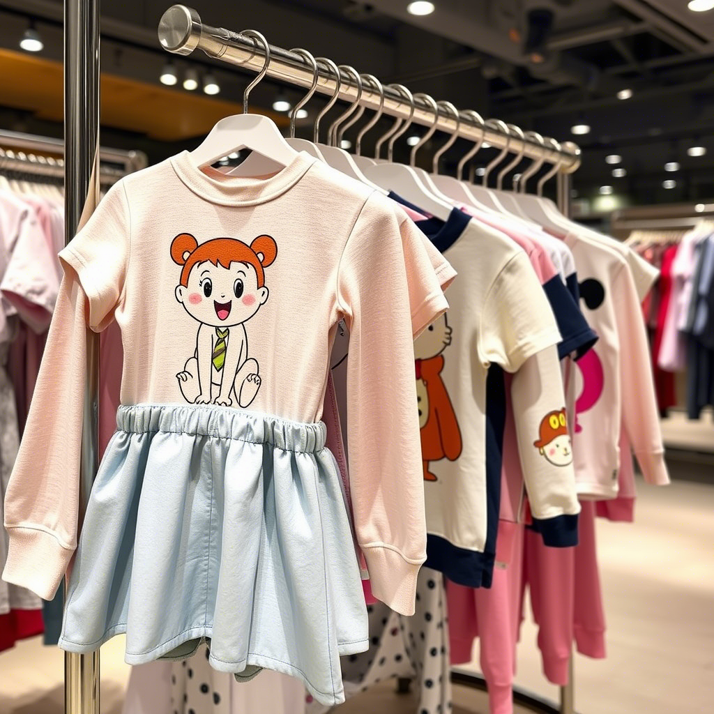Cute cartoon characters on kids’ clothing displayed on a boutique rack