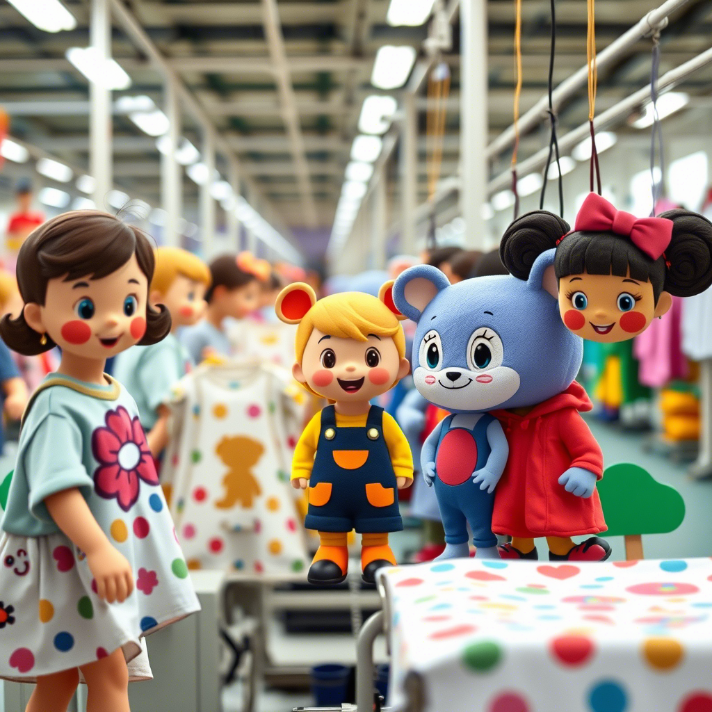 Cute cartoon characters on kids’ clothing factory production line