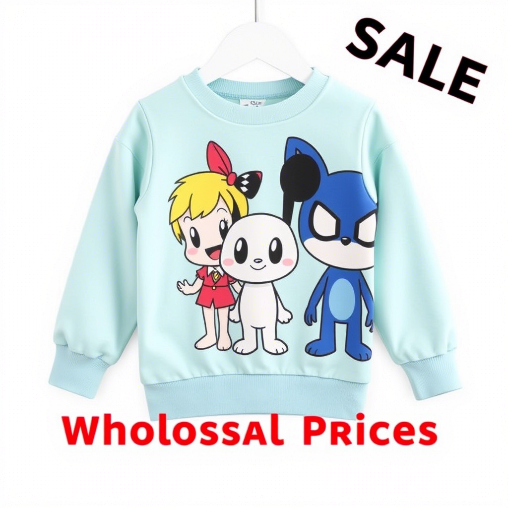 Cute cartoon characters on kids’ clothing, wholesale prices displayed