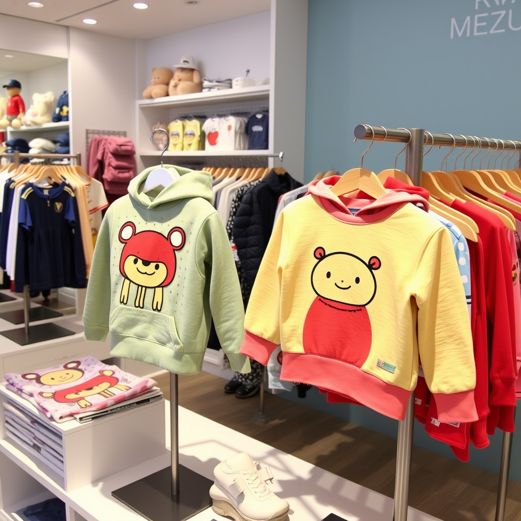 Cute cartoon characters on kidswear displayed at a wholesale clothing showroom