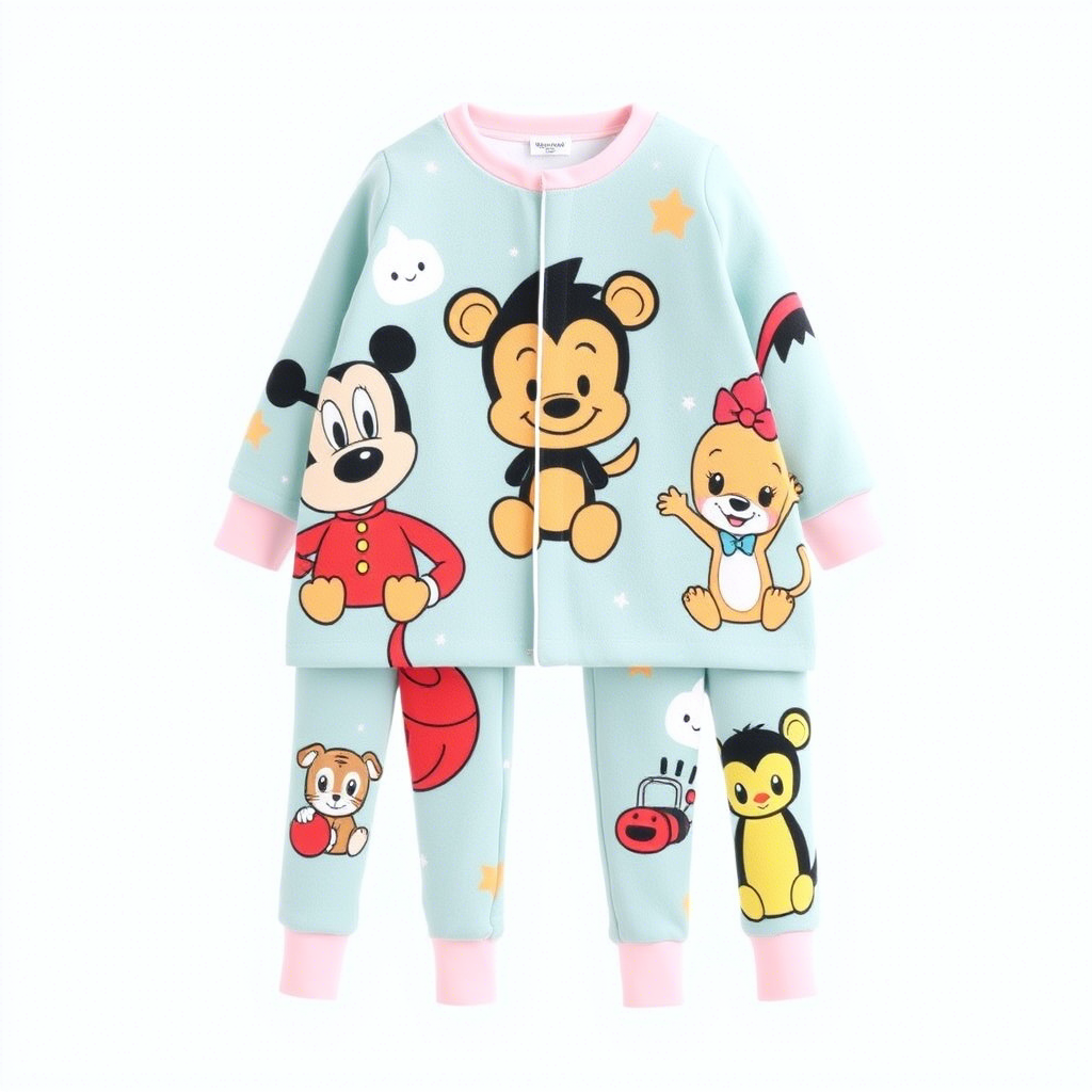 Cute cartoon characters on soft kids’ pajamas
