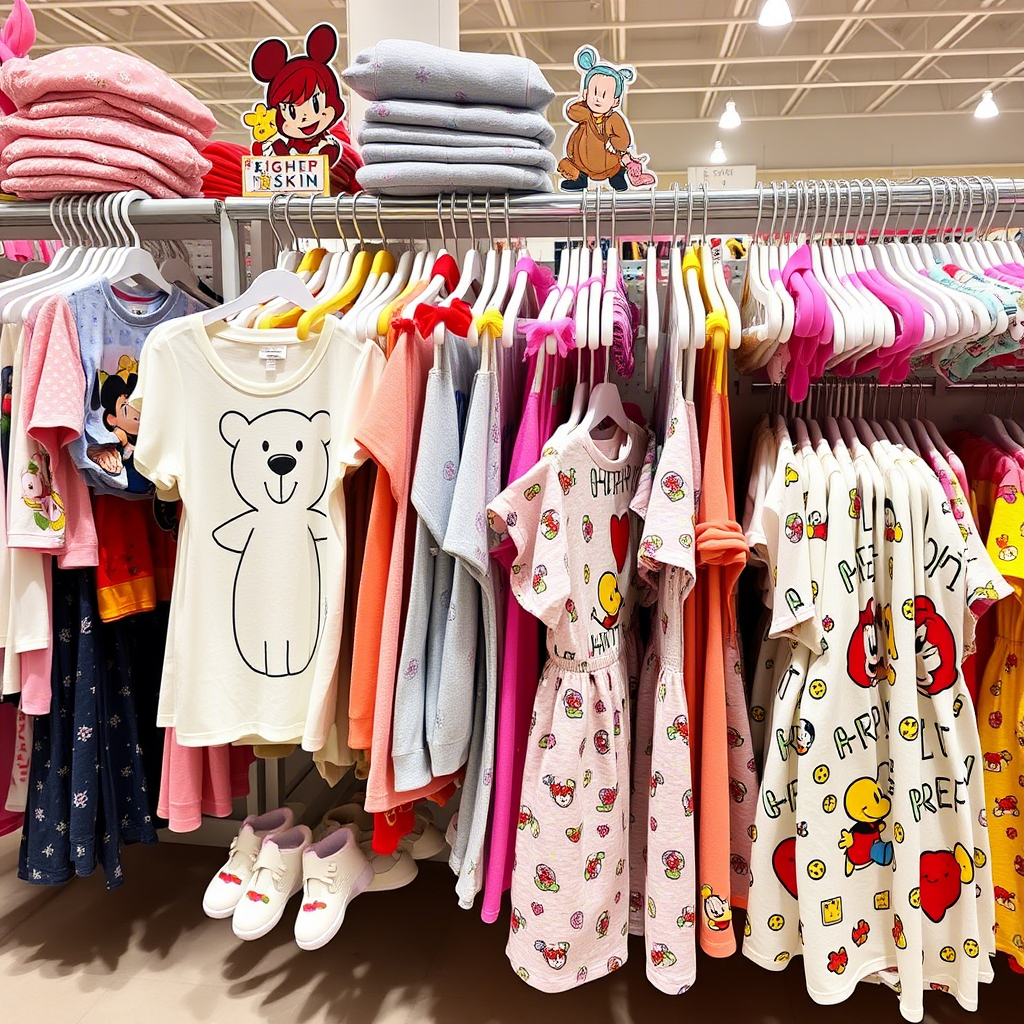 Cute cartoon characters on wholesale children’s clothing racks