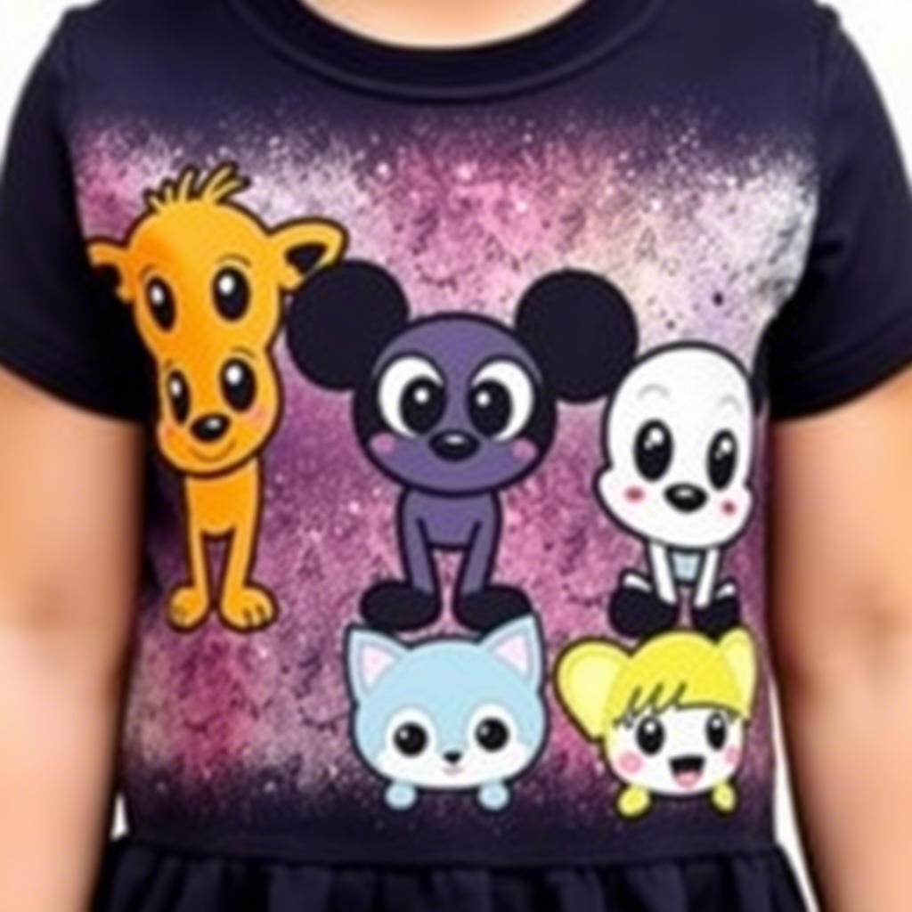 Cute cartoon characters printed on children’s t-shirts and dresses