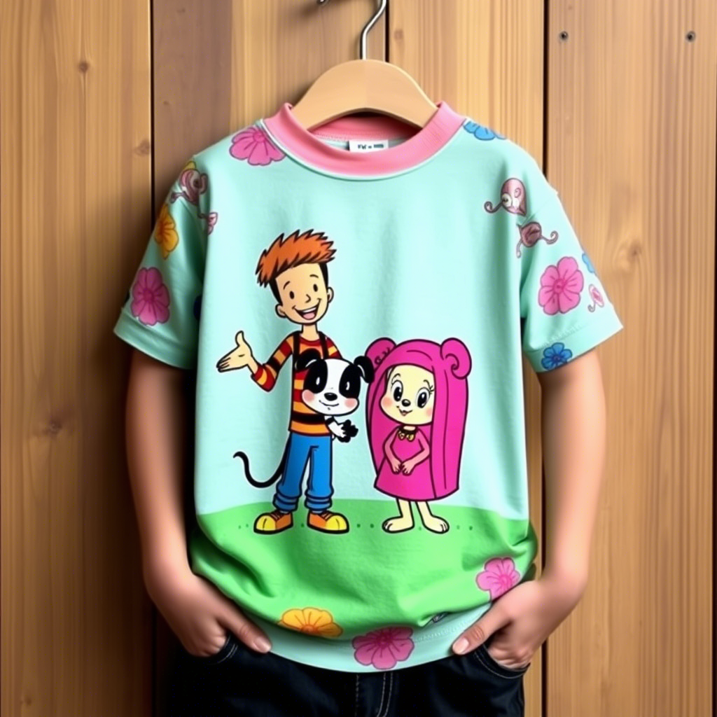 Cute cartoon characters printed on colorful kids’ clothing