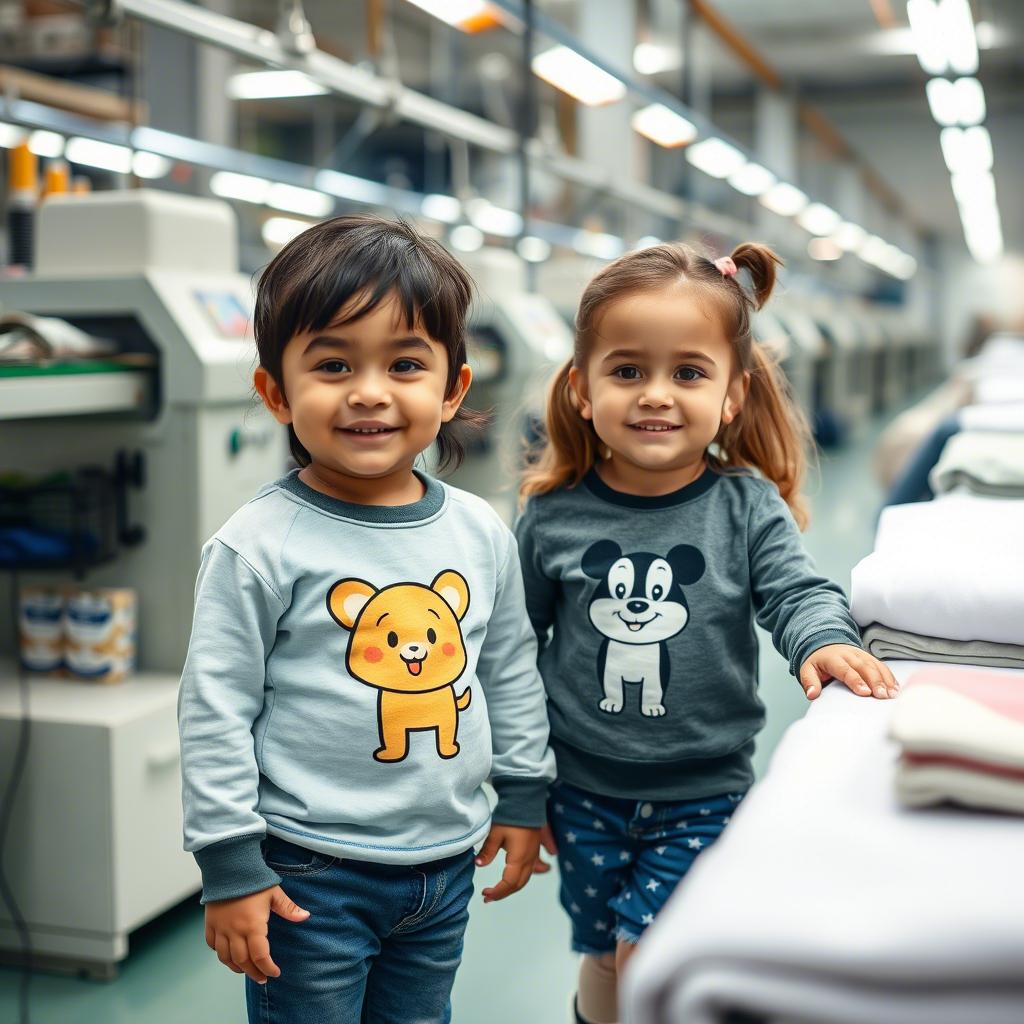 Cute cartoon characters printed on kids’ clothing in a textile factory