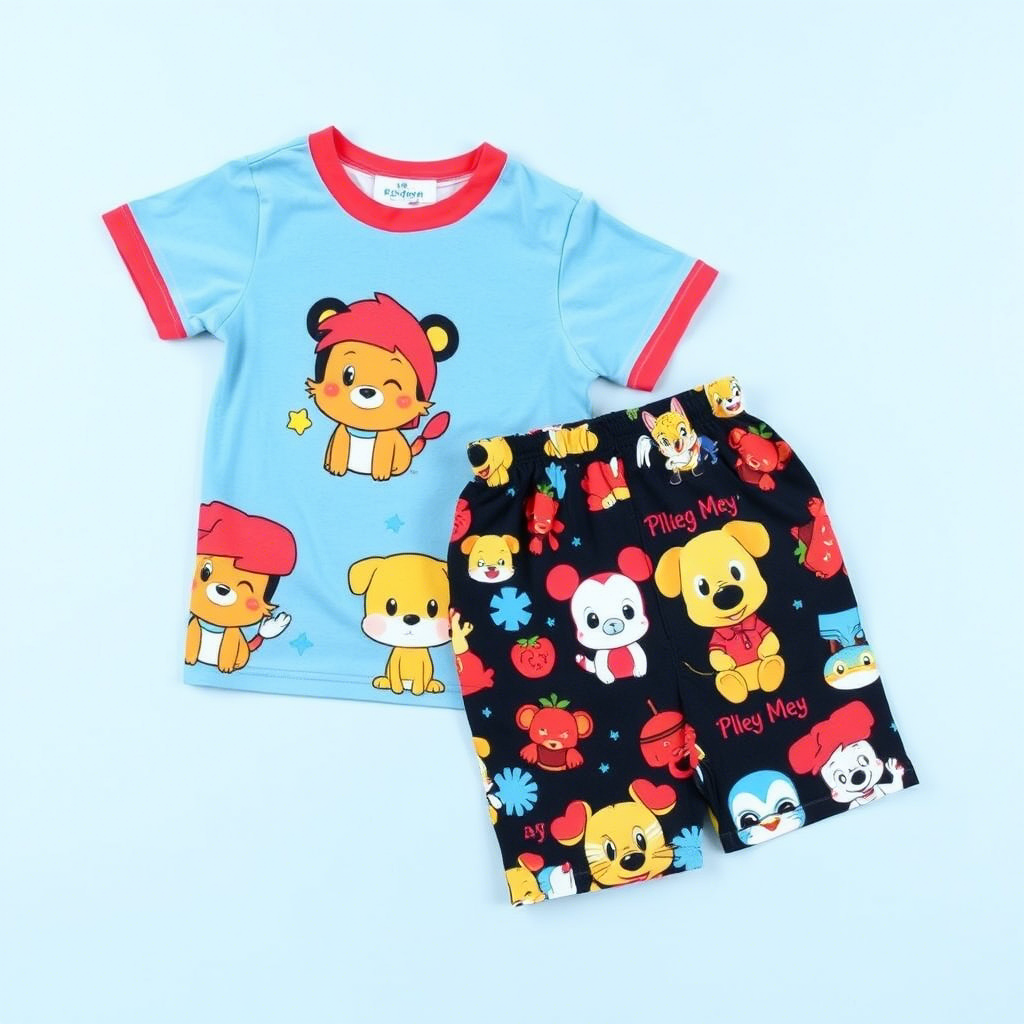 Cute cartoon characters printed on kids’ shorts and pajamas laid out flat