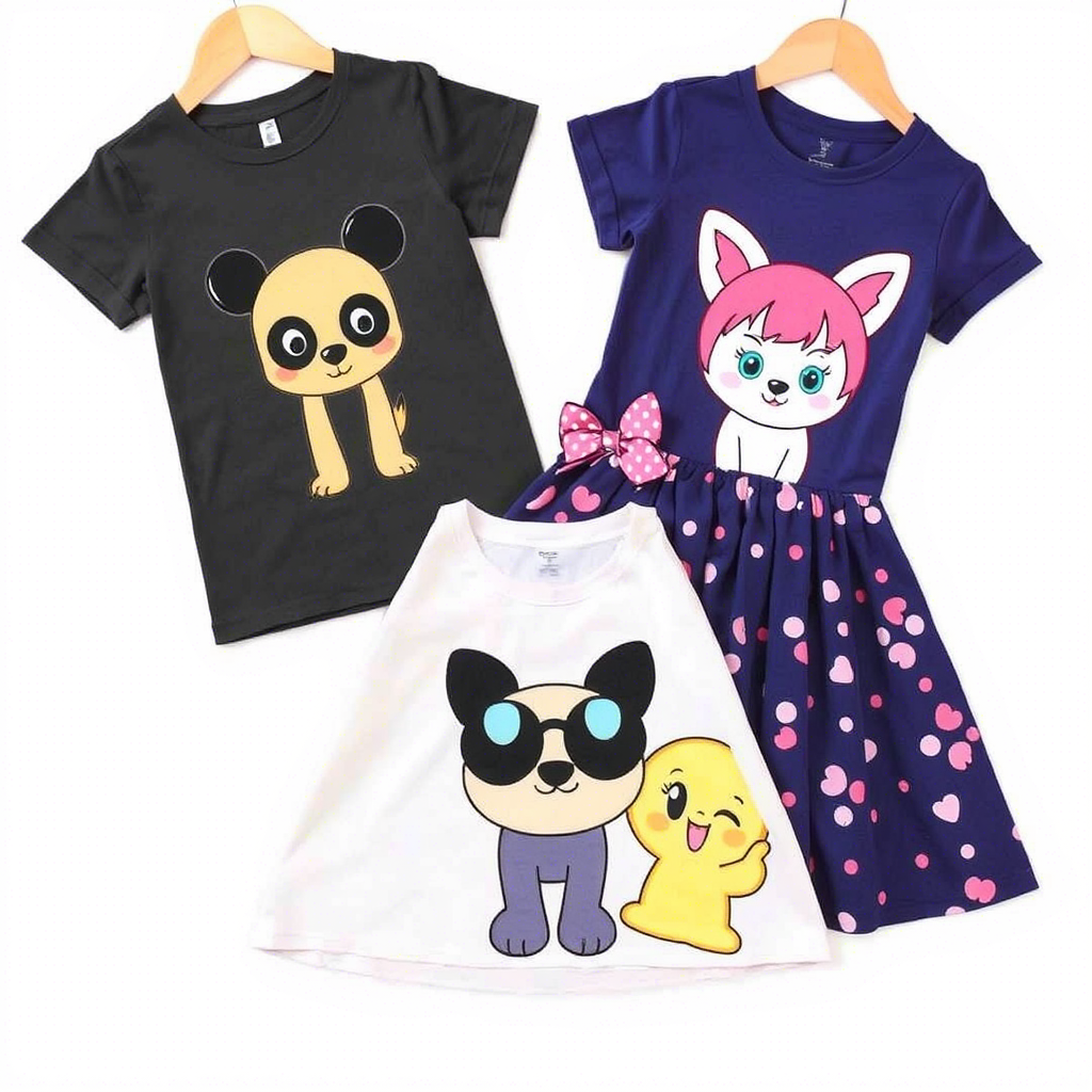 Cute cartoon characters printed on kids’ t-shirts and dresses