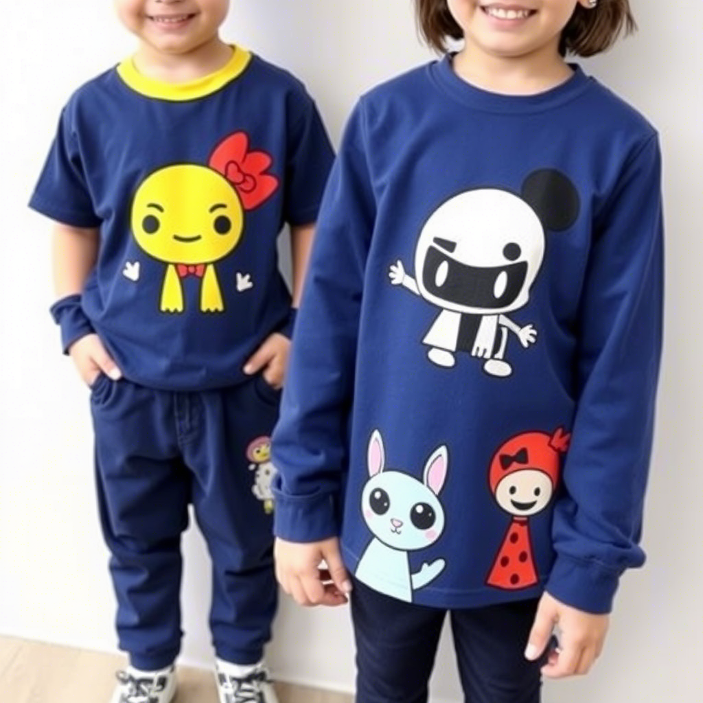 Cute cartoon characters printed on kids’ wholesale clothing for boys and girls