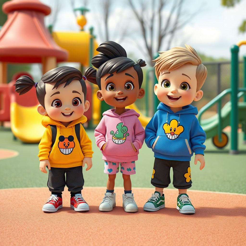 Cute cartoon characters wearing branded kids’ outfits in a playground