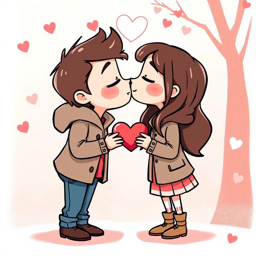 “Cute cartoon couple sharing a sweet Valentine’s kiss