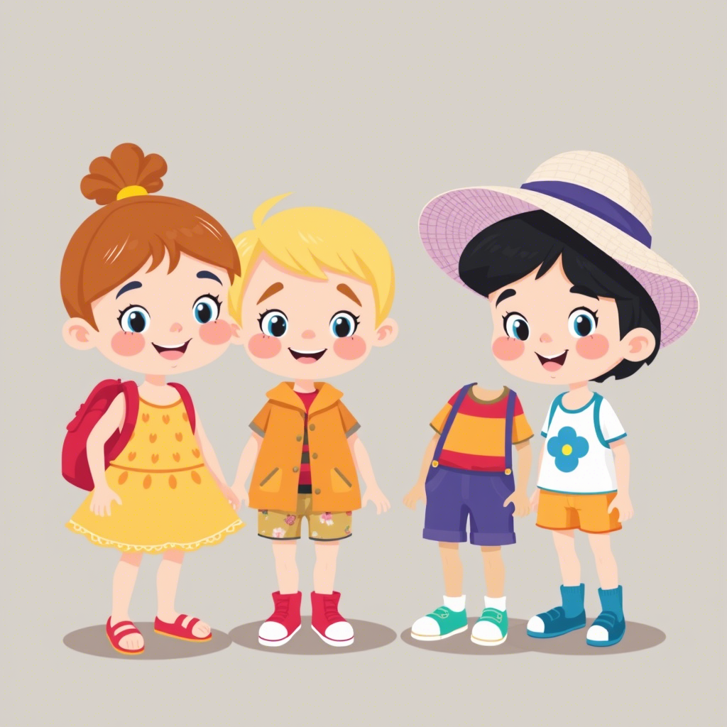 Cute cartoon kids wearing colorful outfits for summer sale