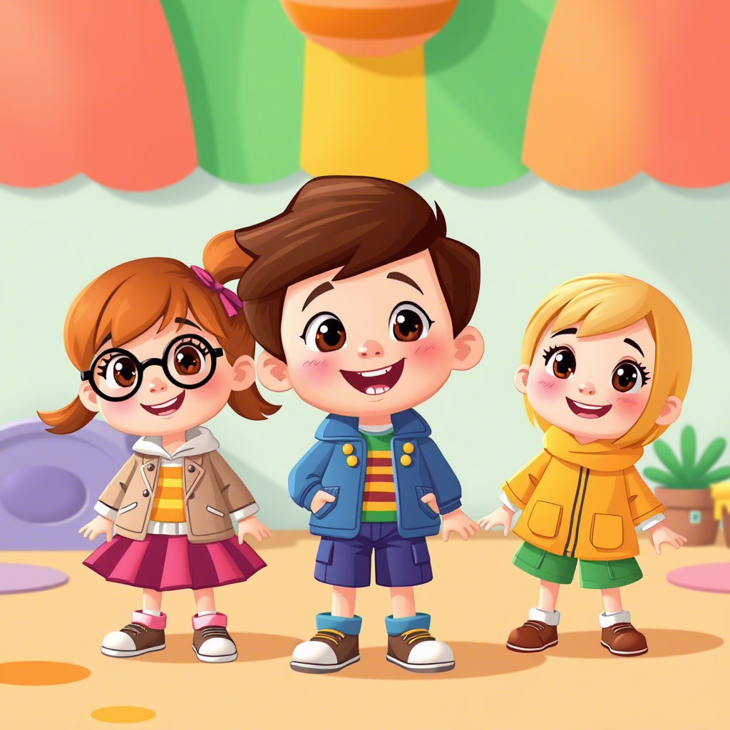 Cute cartoon kids wearing colorful outfits in a playful setting