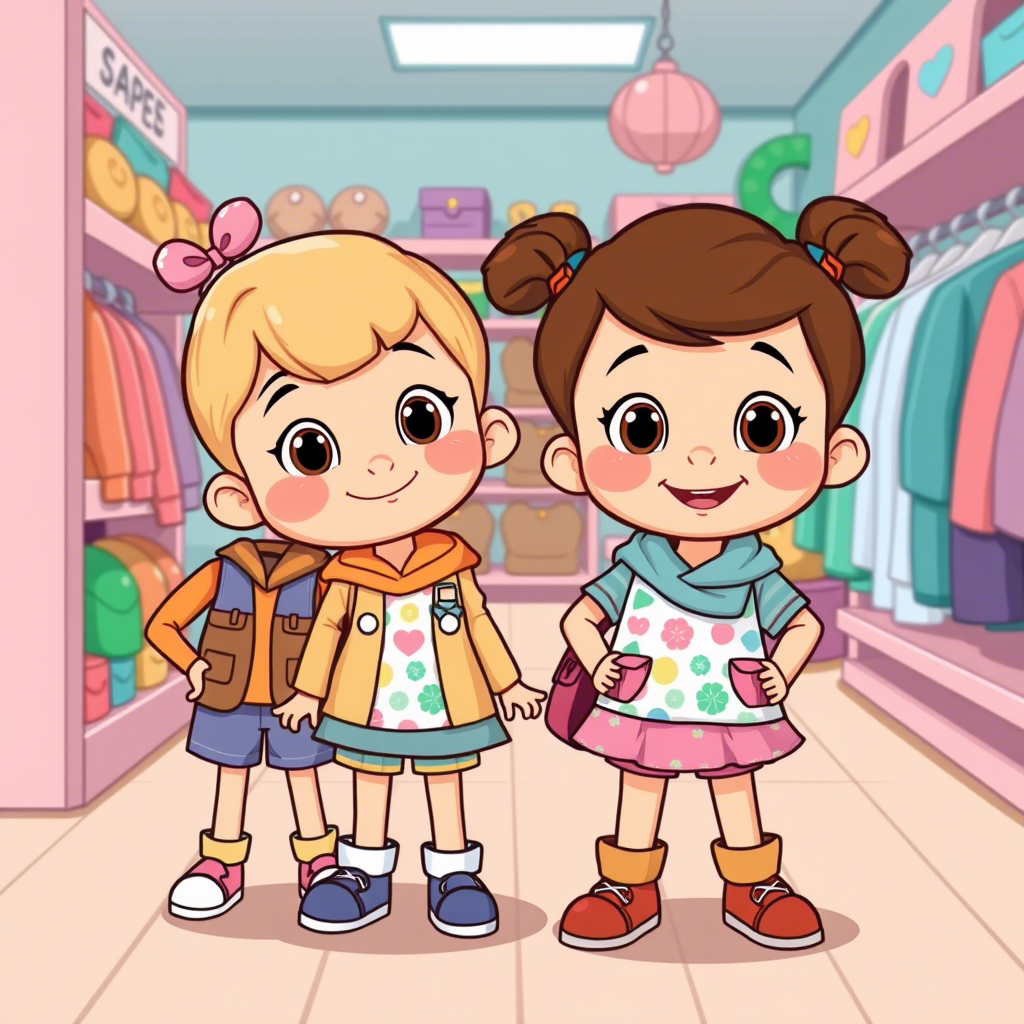 Cute cartoon kids wearing colorful outfits in a playful store setting