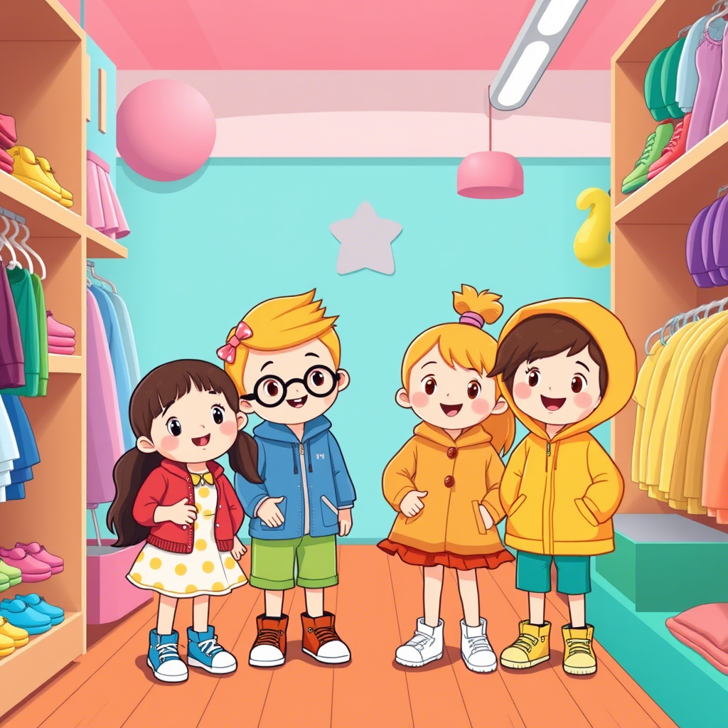 Cute cartoon kids wearing colorful outfits in a playful store