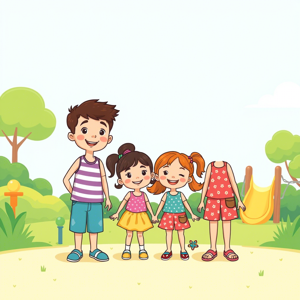 Cute cartoon kids wearing colorful summer outfits in a playground