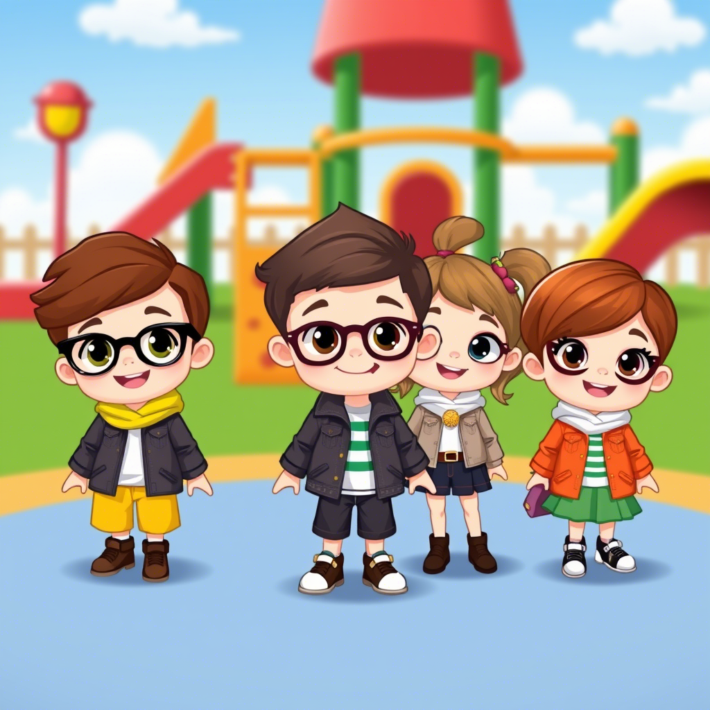 Cute cartoon kids wearing trendy outfits in a colorful playground