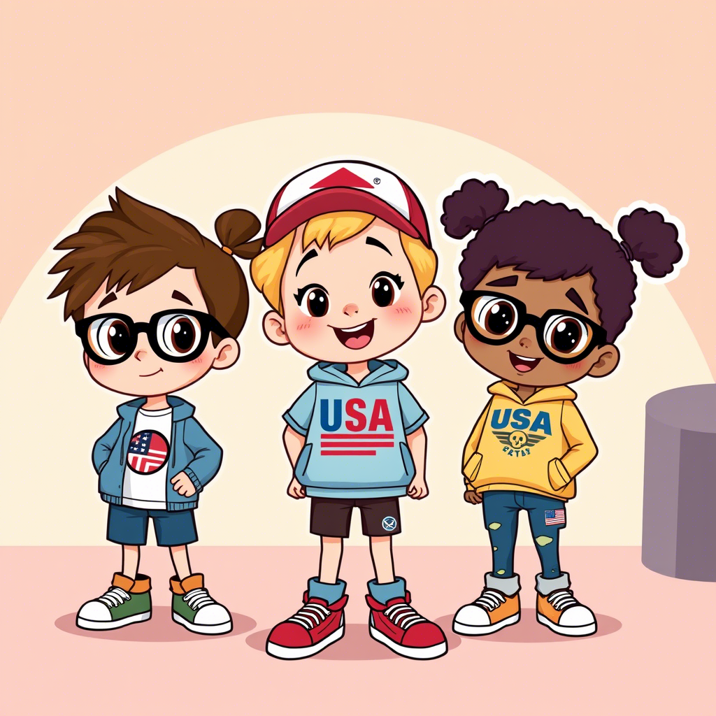Cute cartoon kids wearing trendy USA clothing brands