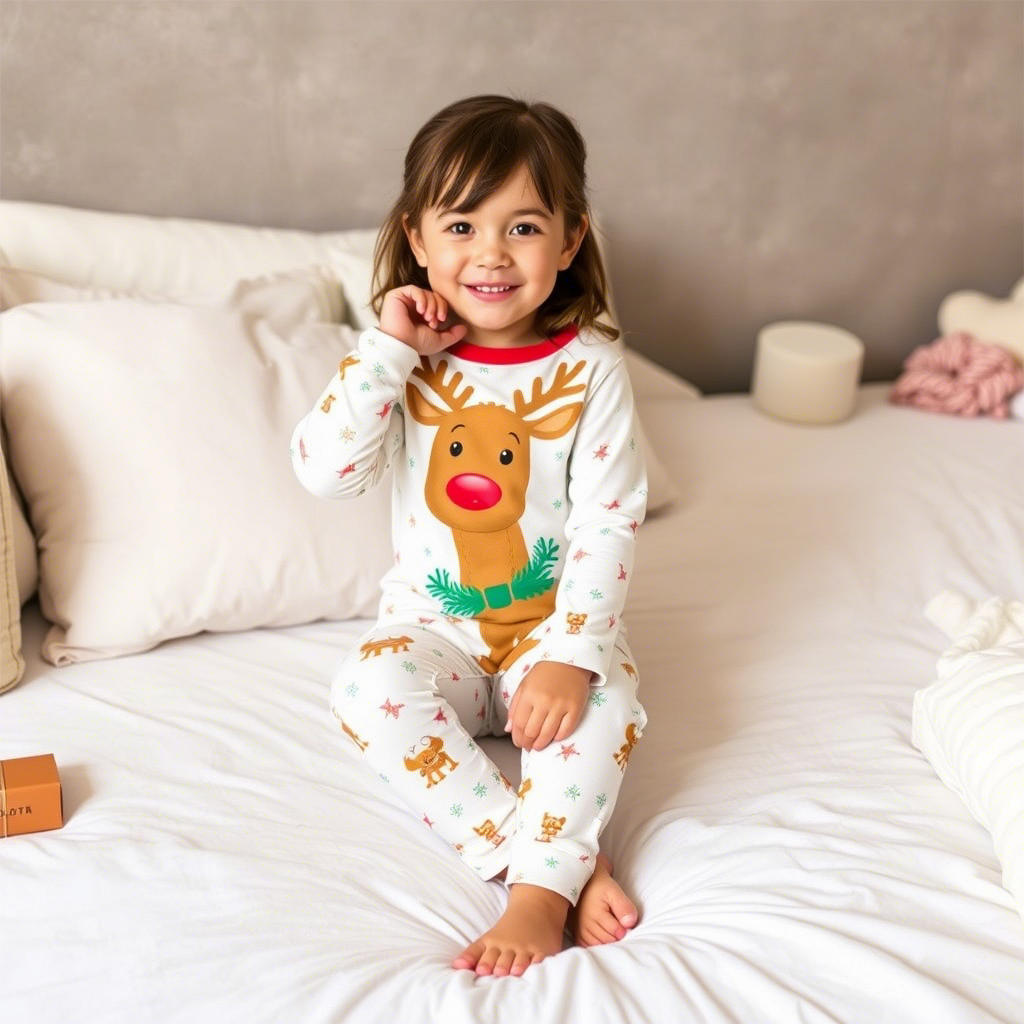 Cute cartoon reindeer printed Christmas PJs for kids