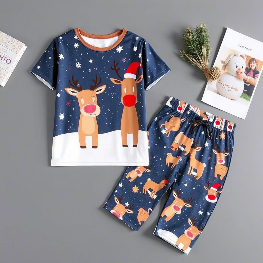 Cute cartoon reindeer printed kids Christmas pajamas set