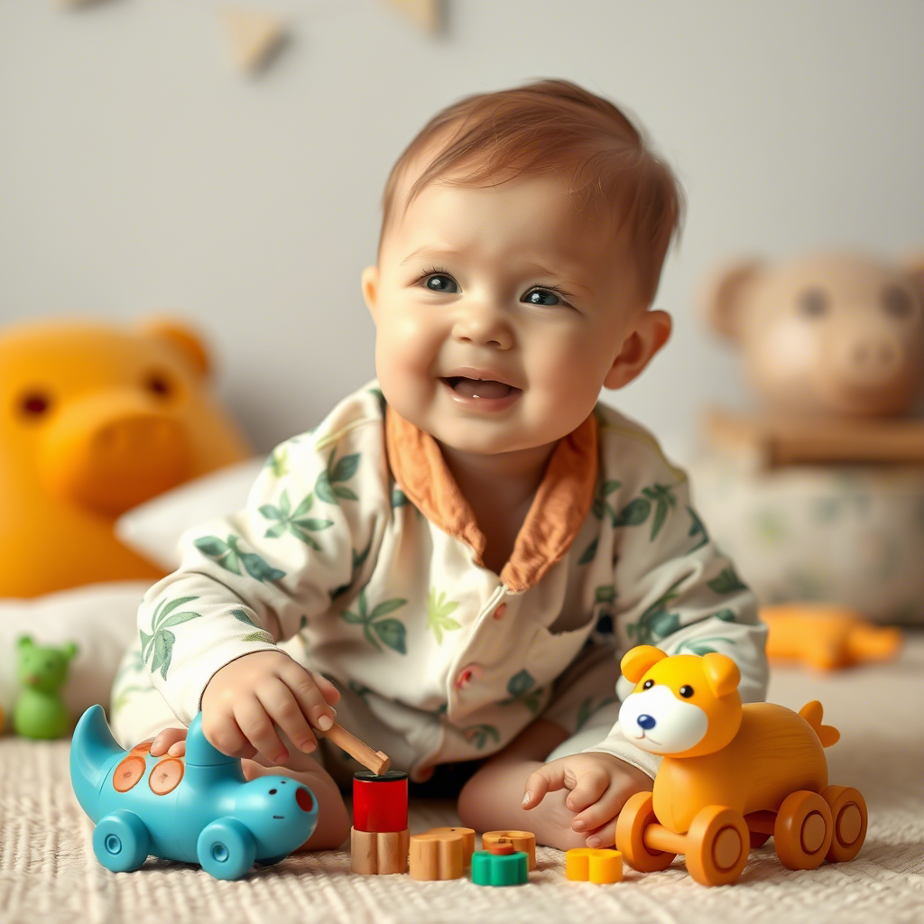 Cute child in bamboo pajamas playing with toys