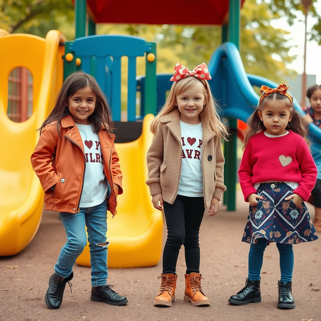 Cute children modeling stylish outfits in a playground