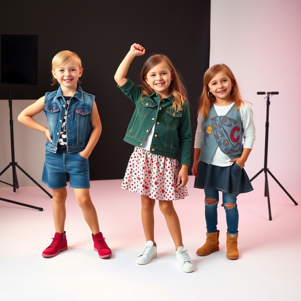 Cute children modeling trendy clothing in a studio setting
