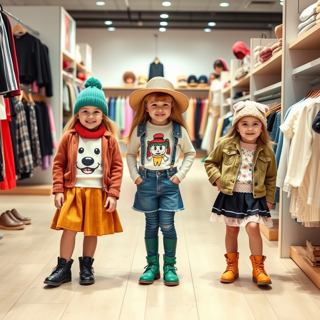 Cute children modeling trendy outfits in a retail clothing store
