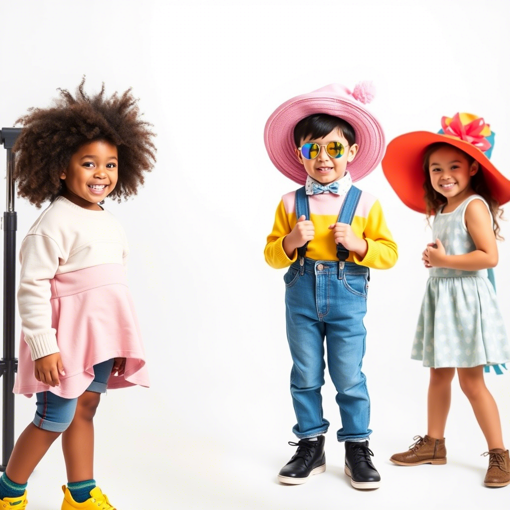 Cute children modeling trendy outfits in a studio with bright props