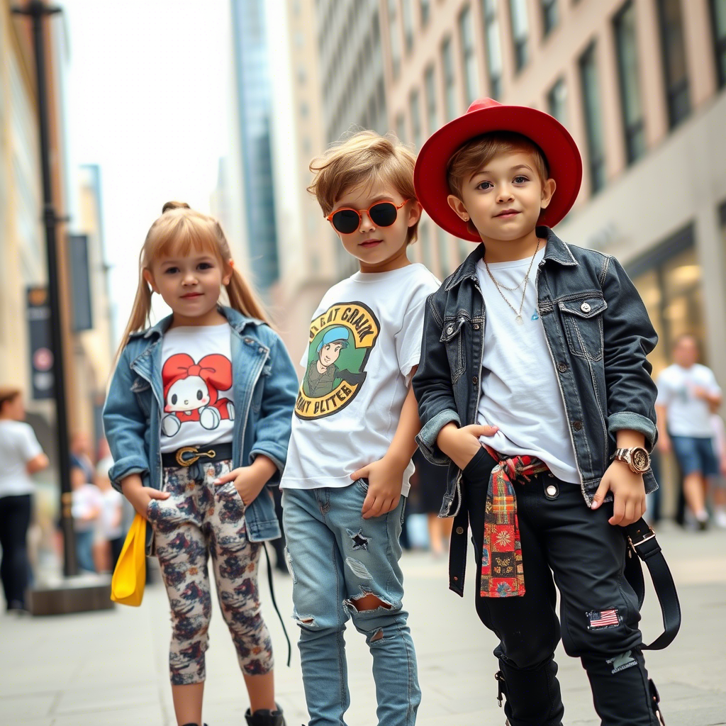 Cute children modeling trendy streetwear clothing in a city setting