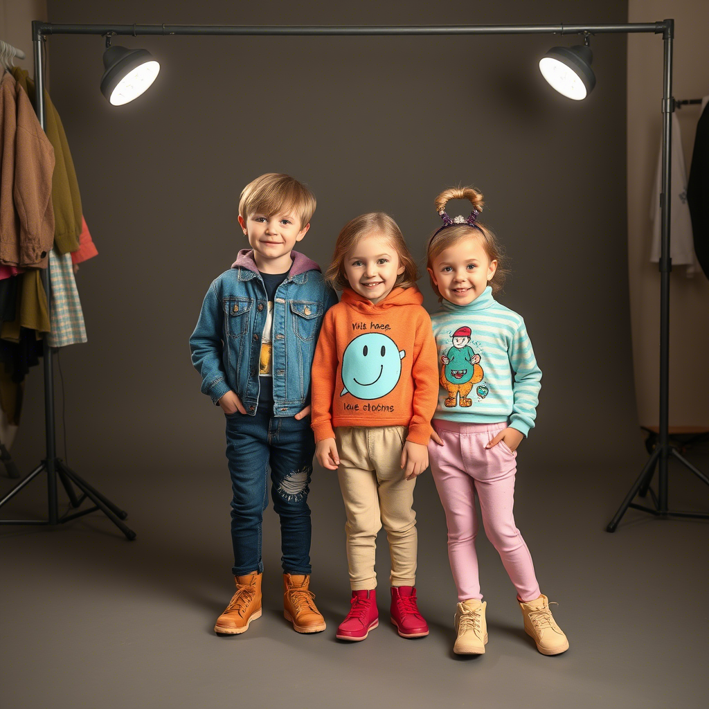 Cute children modeling trendy wholesale clothing in a studio