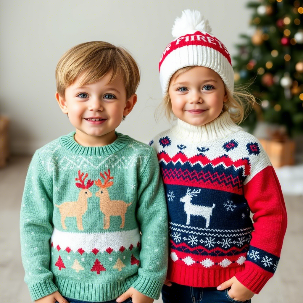 Cute children modeling winter sweaters with festive holiday patterns