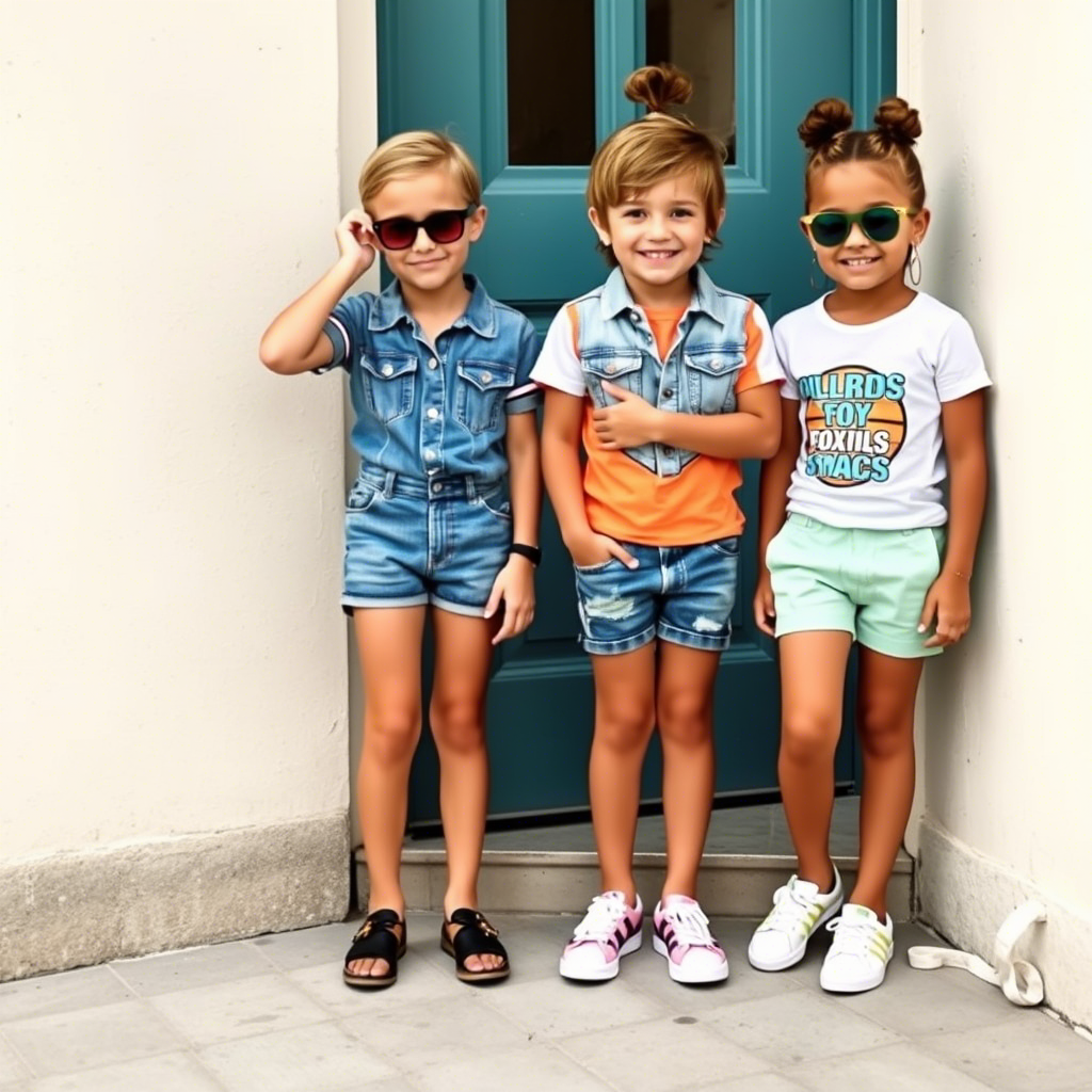 Cute children wearing trendy jeans and shorts outfits for summer fun