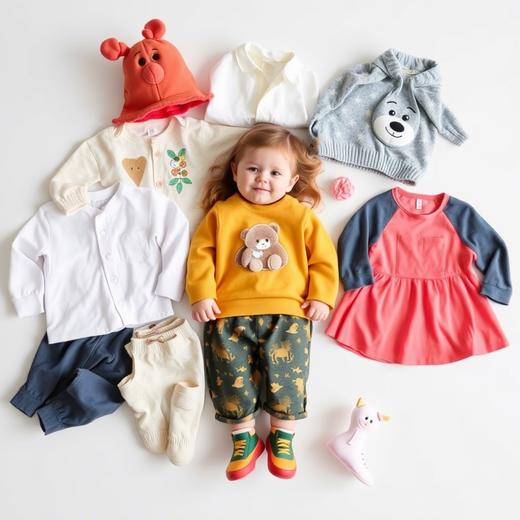 Cute children’s apparel arranged on a table for an online store catalog