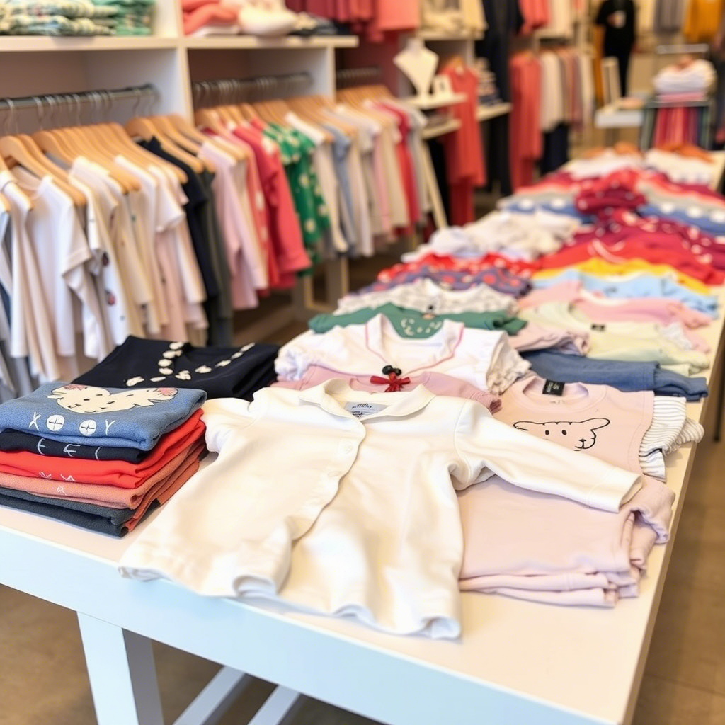 Cute children’s clothing arranged neatly on a table for wholesale buyers