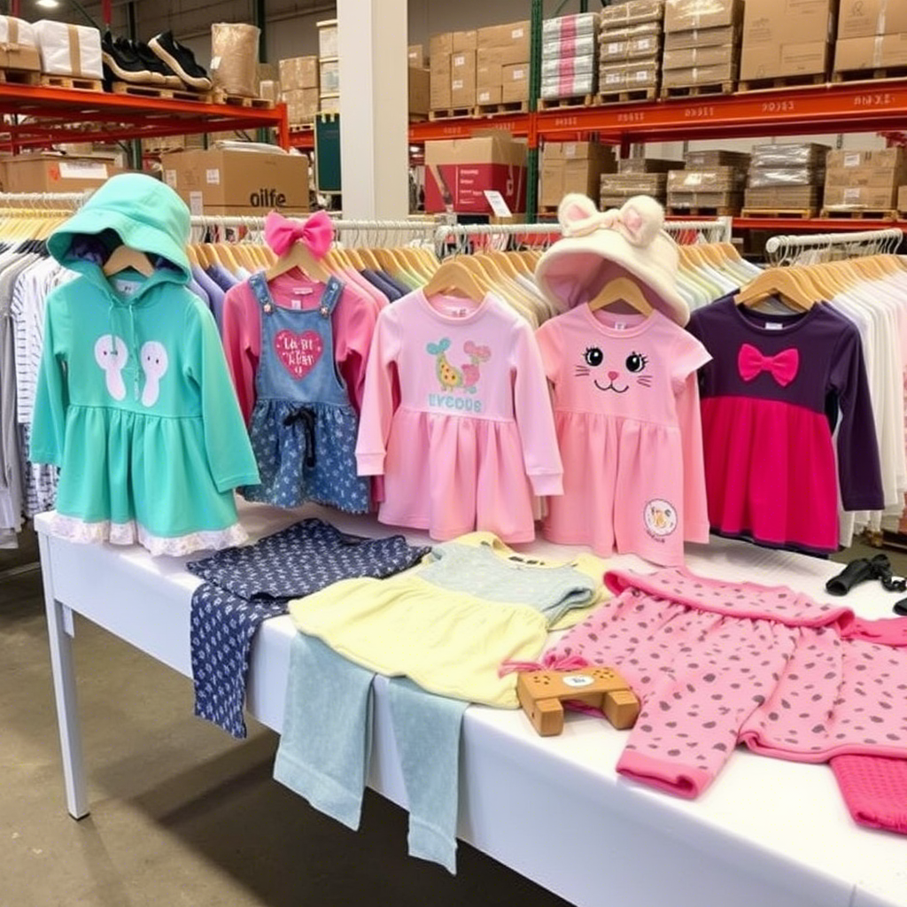 Cute children’s outfits arranged on a distributor’s warehouse table