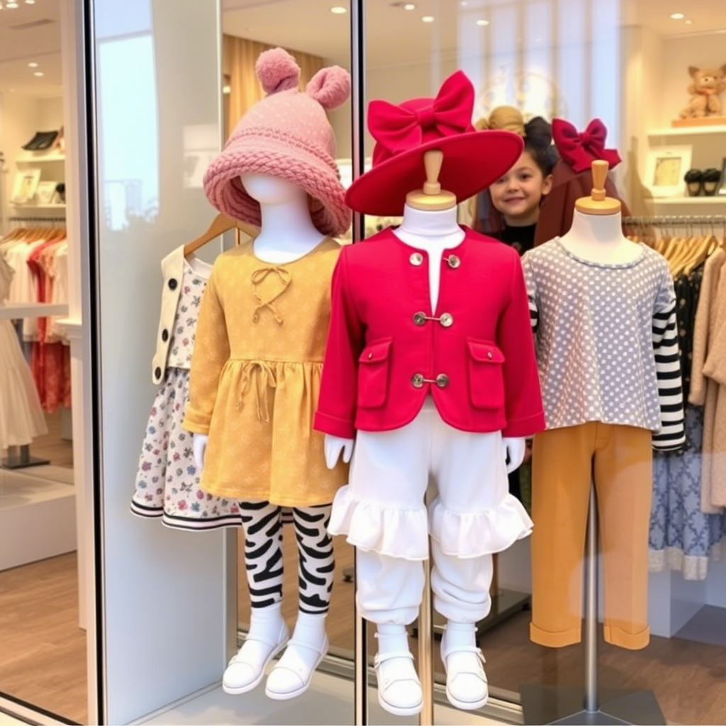 Cute children’s outfits displayed on a boutique mannequin.